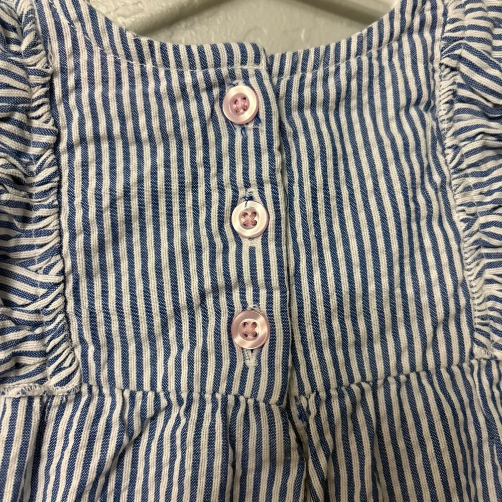 ⭐️Ruffle Butts blue and white striped pink bow ruffle romper 0-3 months